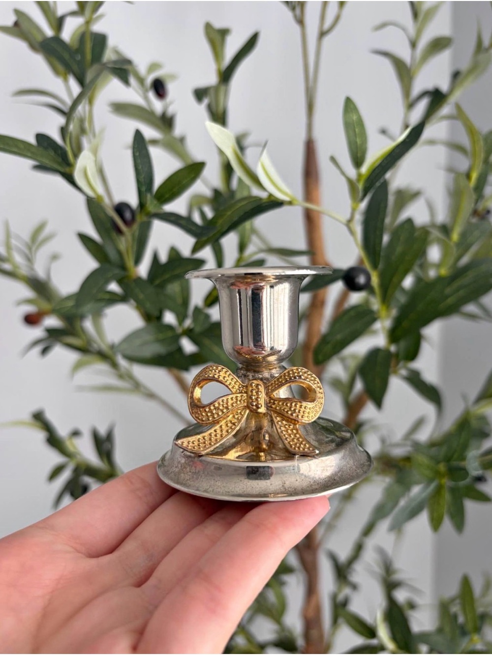 A Vintage Silver Plates Brass Bow Candleholder